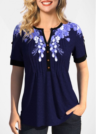 Modlily Split Neck Floral Print Pleated T Shirt - S