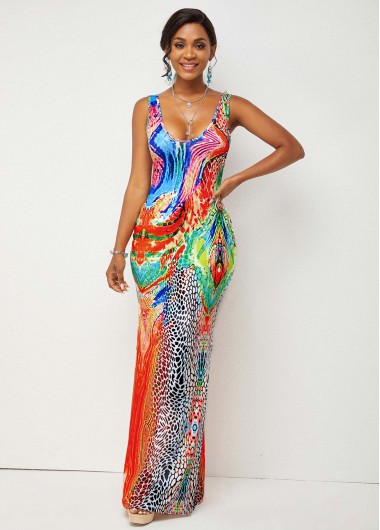 Modlily Wide Strap Printed High Waist Dress - 2XL