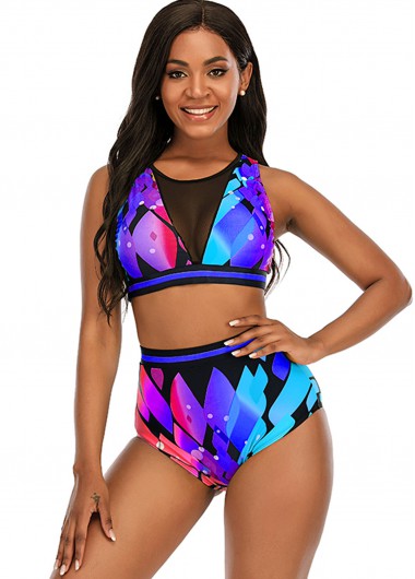 Modlily High Waist Mesh Stitching Printed Bikini Set - 3XL