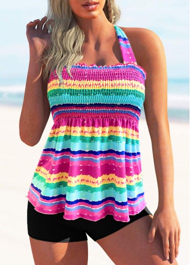 Modlily Rainbow Stripe Tie Back Wide Stripe Shirred Halter Tankini Set - L