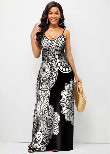 Modlily Spaghetti Strap Floral Print High Waist Maxi Dress - S