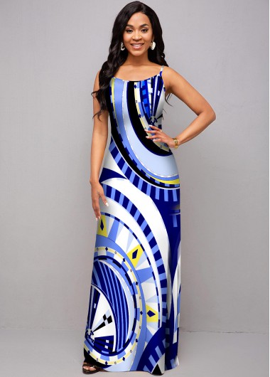 Modlily Spaghetti Strap Geometric Print High Waist Dress - M