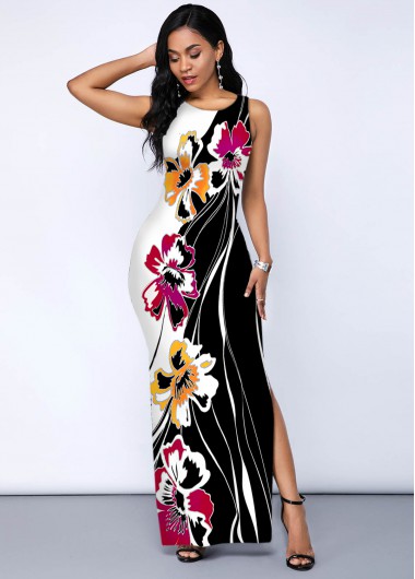 Modlily Wide Strap Round Neck Side Slit Dress - S