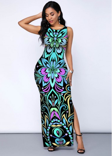 Modlily Tribal Print Side Slit Sleeveless Dress - M