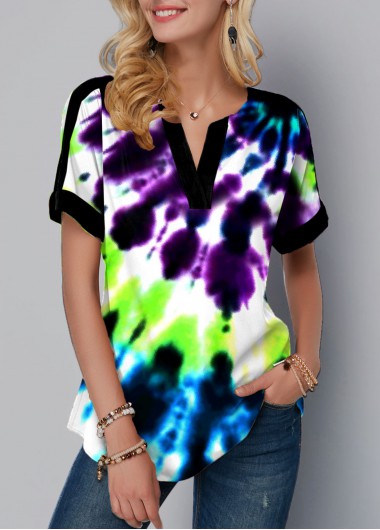 Modlily Tie Dye Print Split Neck Short Sleeve Blouse - S