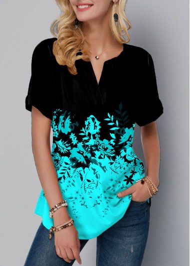 Modlily Floral Print Split Neck Ombre Blouse - S