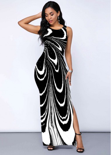 Modlily Printed Round Neck Side Slit Dress - M