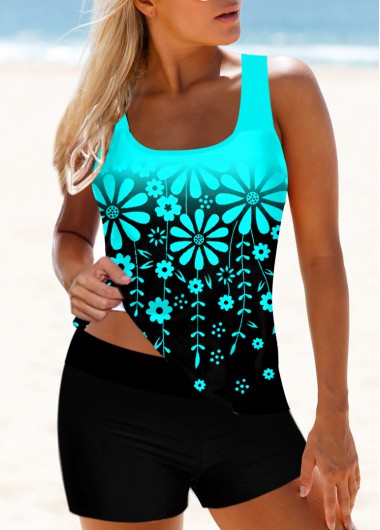 Modlily Floral Print Ombre Wide Strap Tankini Set - S