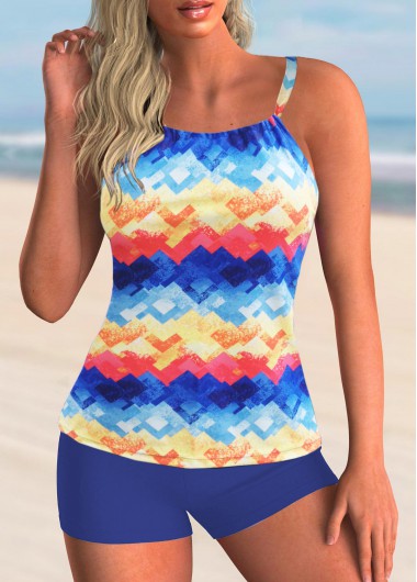 Modlily Criss Cross Back Colorful Printed Tankini Set - XXL