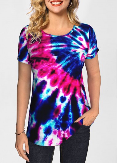 Modlily Tie Dye Print Round Neck Short Sleeve T Shirt - S