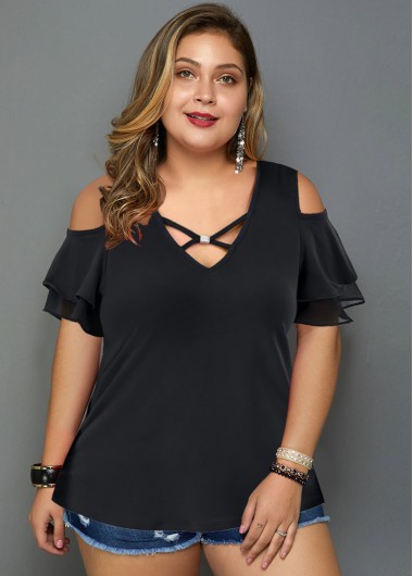 Modlily Plus Size Cold Shoulder Cross Strap T Shirt - 3X