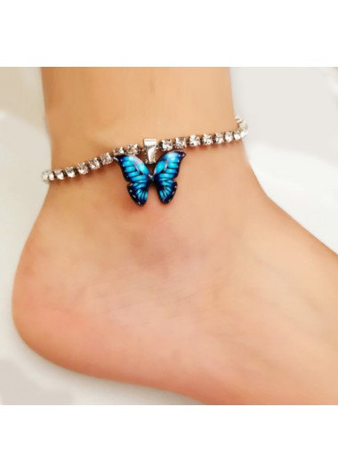 Modlily Butterfly Detail Rhinestone Design Silver Anklet - One Size