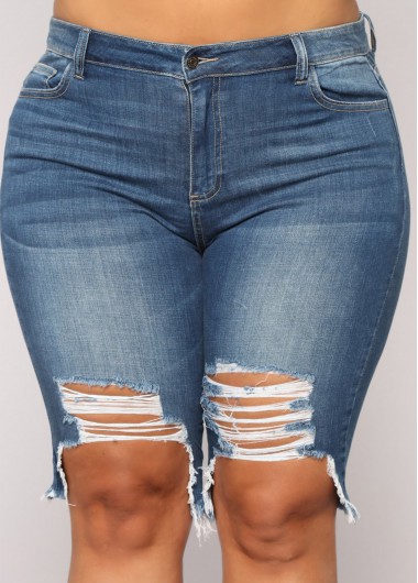 Modlily Plus Size Shredded Denim High Waisted Shorts - XL