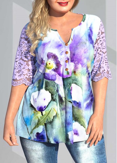 Modlily Plus Size Lace Stitching Floral Print Blouse - 1X
