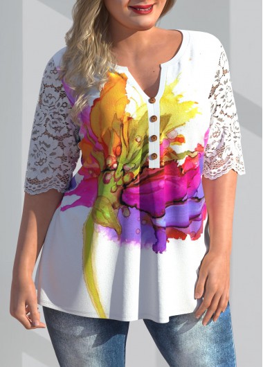 Modlily Plus Size Floral Print Lace Stitching Blouse - 3X