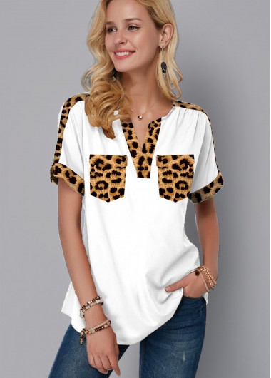 Modlily Leopard Split Neck Double Pocket Blouse - M