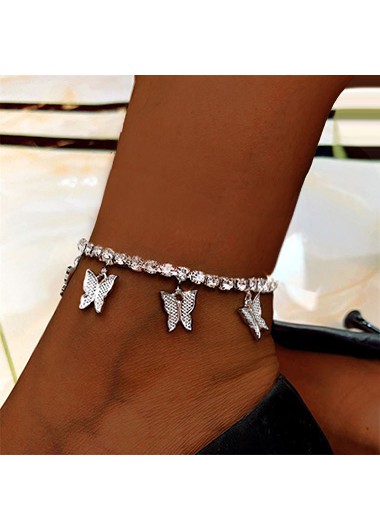 Modlily Silver Butterfly Design Rhinestone Detail Anklet - One Size