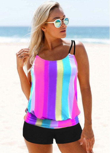 Modlily Rainbow Striped Adjustable Strap Blouson Tankini Swimsuit With Shorts Spaghetti Strap Tankini Set - S