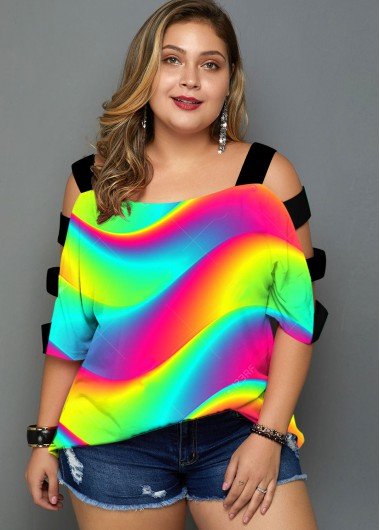 Modlily Plus Size Colorful Printed Ladder Cutout T Shirt - 1X