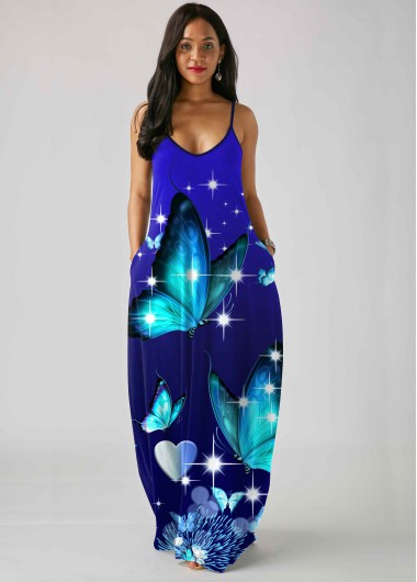 Modlily Butterfly Print Spaghetti Strap Pocket Dress - M