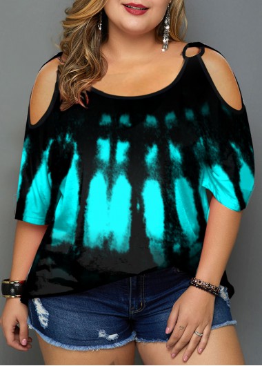 Modlily Plus Size Tie Dye Print Cold Shoulder T Shirt - 1X