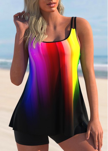 Modlily Rainbow Color Ombre Spaghetti Strap Tankini Set - XXL
