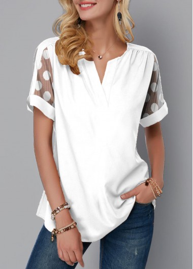 Modlily Polka Dot Mesh Stitching Split Neck Blouse - L