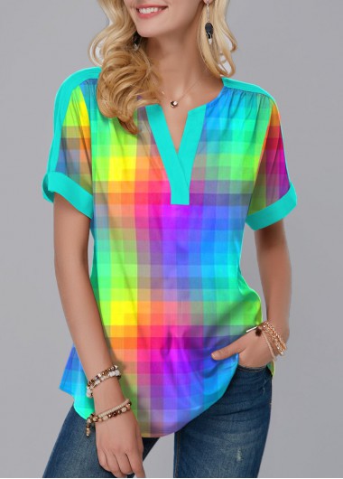 Modlily Colorful Plaid Split Neck Short Sleeve Blouse - L