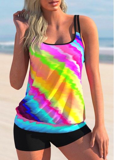 Modlily Tie Dye Print Rainbow Color Tankini Set - S
