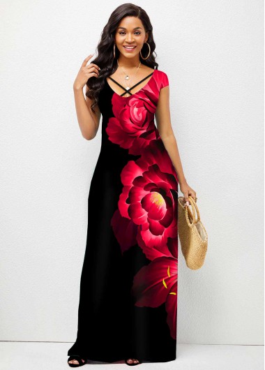 Modlily Floral Print Cross Strap Short Sleeve Dress - S