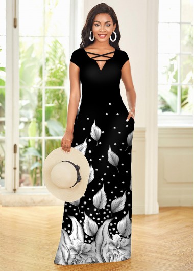 Modlily Leaf Print Ombre Cross Strap Short Sleeve Dress - M