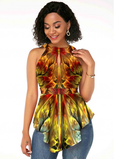 Modlily Keyhole Printed Asymmetric Hem Sleeveless T Shirt - XXL