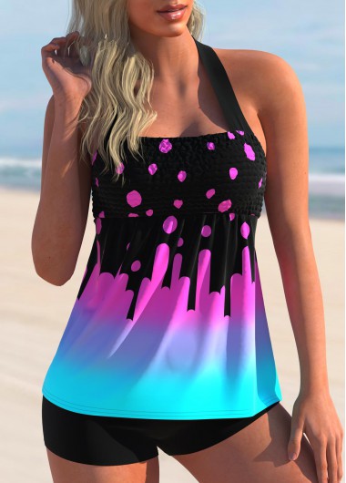 Modlily Ombre Geometric Print Halter Tankini Set - S
