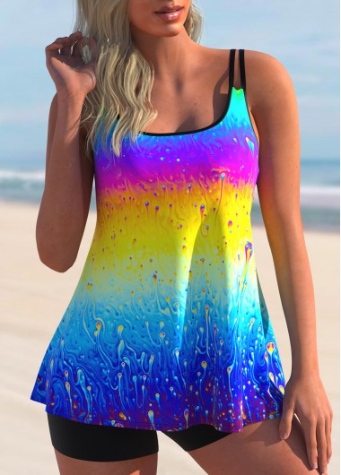 Modlily Rainbow Color Ombre Double Straps Tankini Set - M