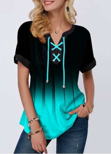 Modlily Lace Up Ombre Short Sleeve Blouse - S