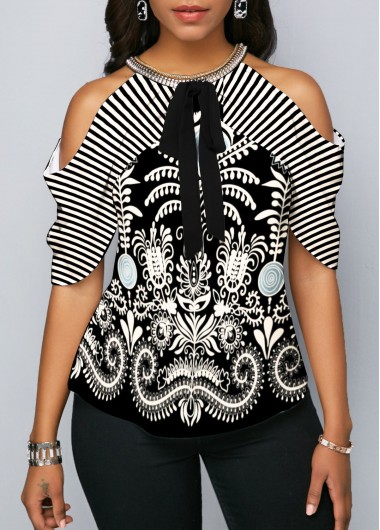 Modlily Paisley Print Cold Shoulder Bowknot Blouse - S