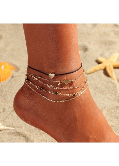 Modlily Heart Design Gold Metal Detail Anklet Set - One Size