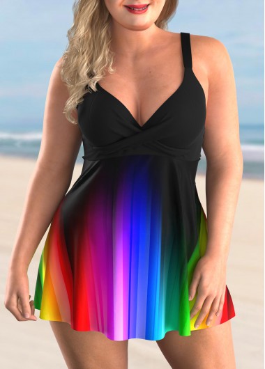 Modlily Plus Size Rainbow Ombre Cross Front Swimdress and Panty - 3X