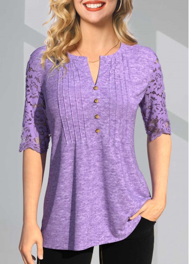 Modlily Split Neck Lace Stitching Crinkle Chest T Shirt - S