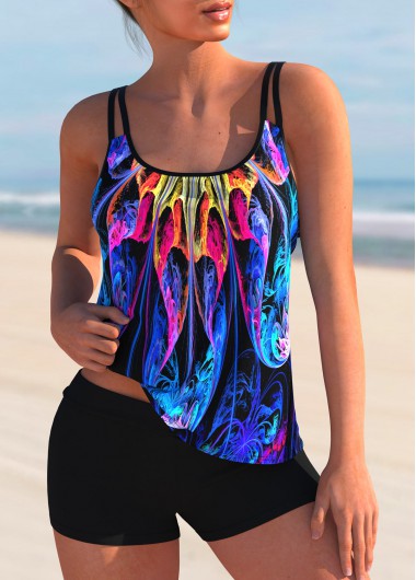 Modlily Mid Waist Colorful Printed Spaghetti Strap Tankini Set - XXL