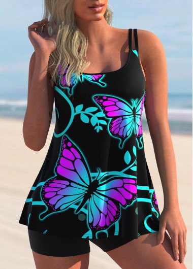 Modlily Butterfly Print Spaghetti Strap Tankini Set - XL