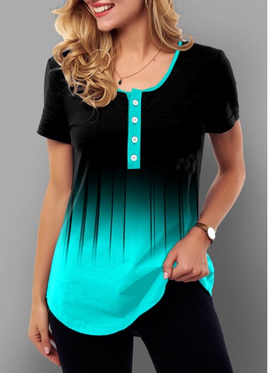 Modlily Ombre Short Sleeve Button Detail T Shirt - L