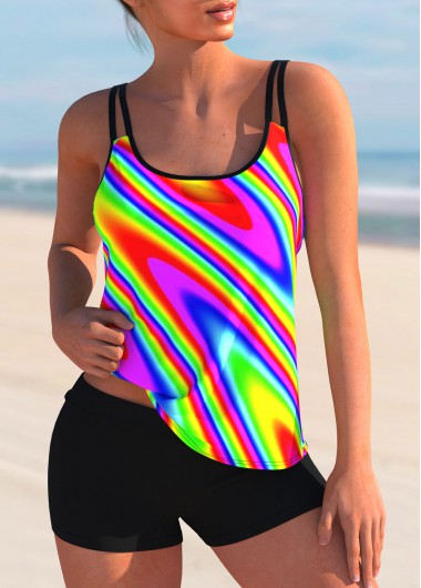 Modlily Mid Waist Rainbow Color Printed Tankini Set - L