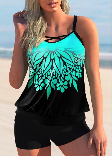 Modlily Floral Print Ombre Cross Strap Tankini Set - L
