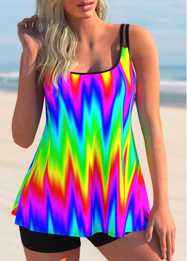 Modlily Printed Rainbow Color Spaghetti Strap Tankini Set - L
