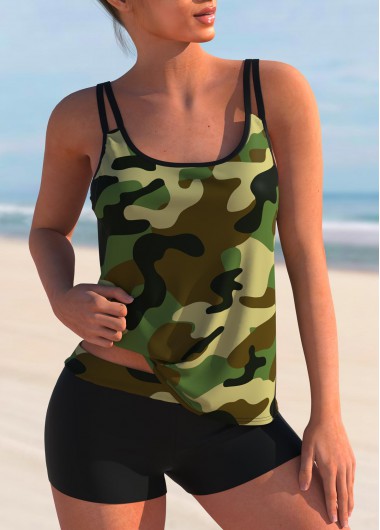 Modlily Camouflage Print Mid Waist Tankini Set - XXL