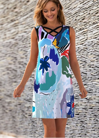 Modlily Printed Cross Strap Sleeveless V Neck Dress - M
