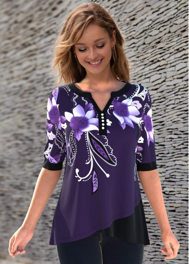 Modlily Floral Print Split Neck Half Sleeve T Shirt - M