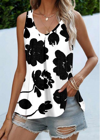 Modlily Monochrome Floral Print Round Neck Tank Top - S
