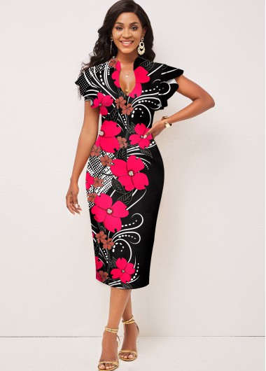 Modlily Contrast Floral Print Short Sleeve Dress - XL